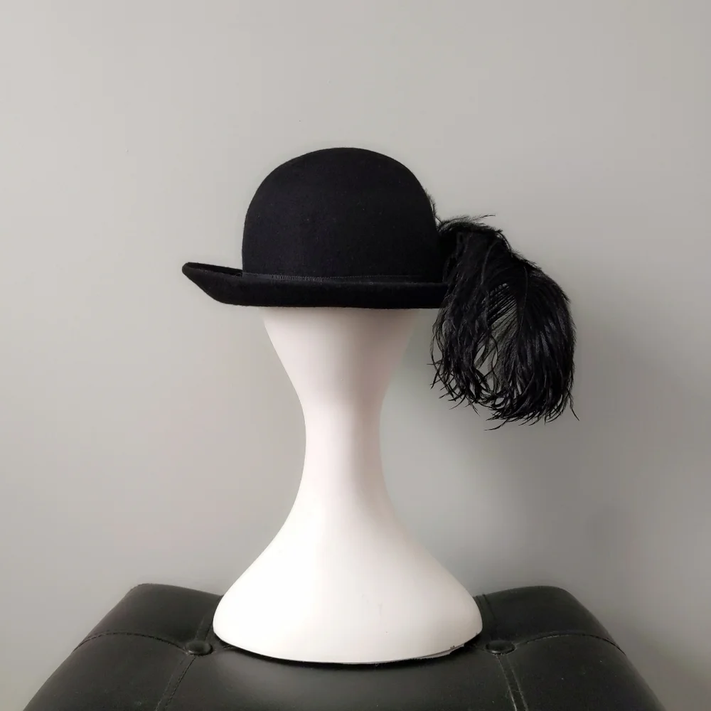 Vintage 1970s Ms. Jo Ann Black Wool Bowler Hat with Epic Huge Ostrich Feather